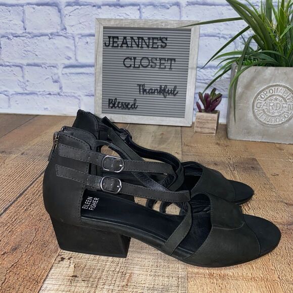 EILEEN FISHER SUEDE LEATHER STRAPPY EDGY CLASSIC BLOCK HEELS Sandals - Picture 1 of 15